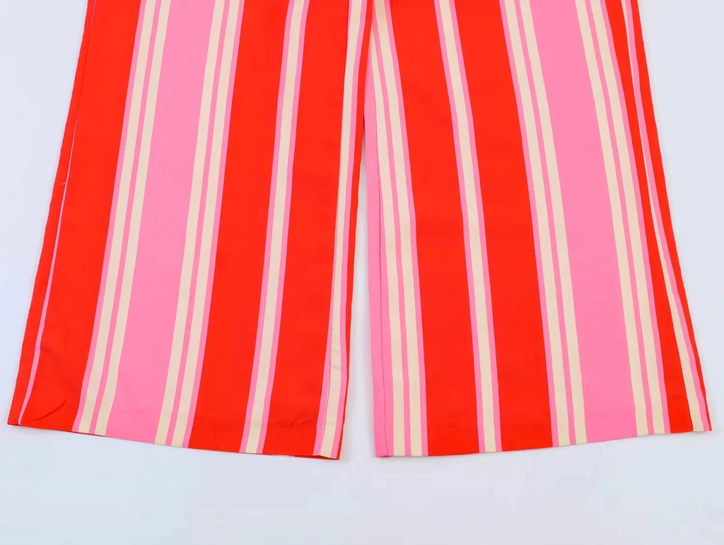 BSAY 2026 Women's Striped 2-Piece Outfit Short Sleeve Shirt Top + Elastic Waist Wide Leg Pants Set Casual Summer Matching Sets