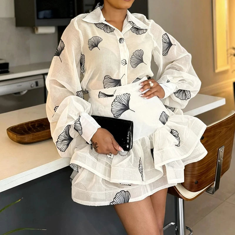 Fashion Pattern Printed Loose Fit Summer Suit Women's Lapel Puff Sleeve Top & Skirt Party Outfit Casual Commuter Two Piece Sets