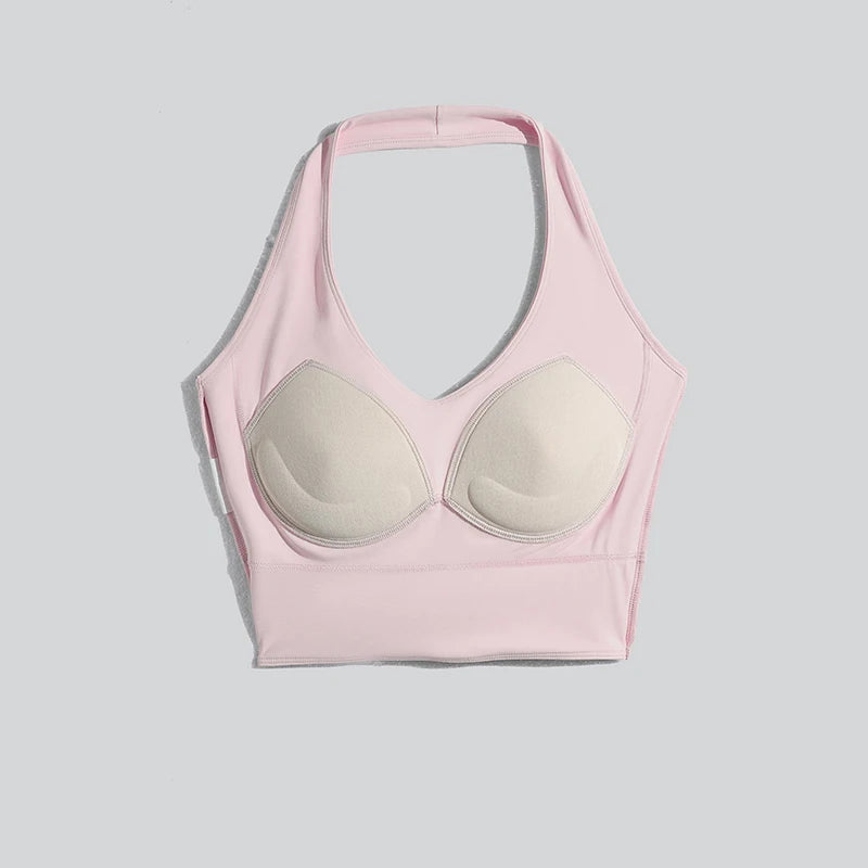 Fashion Neck Hanging Yoga Vest Women Stretchy Racerback Sports Vest with Fixed Built-in Pads Shockproof Push Up Yoga Apparel