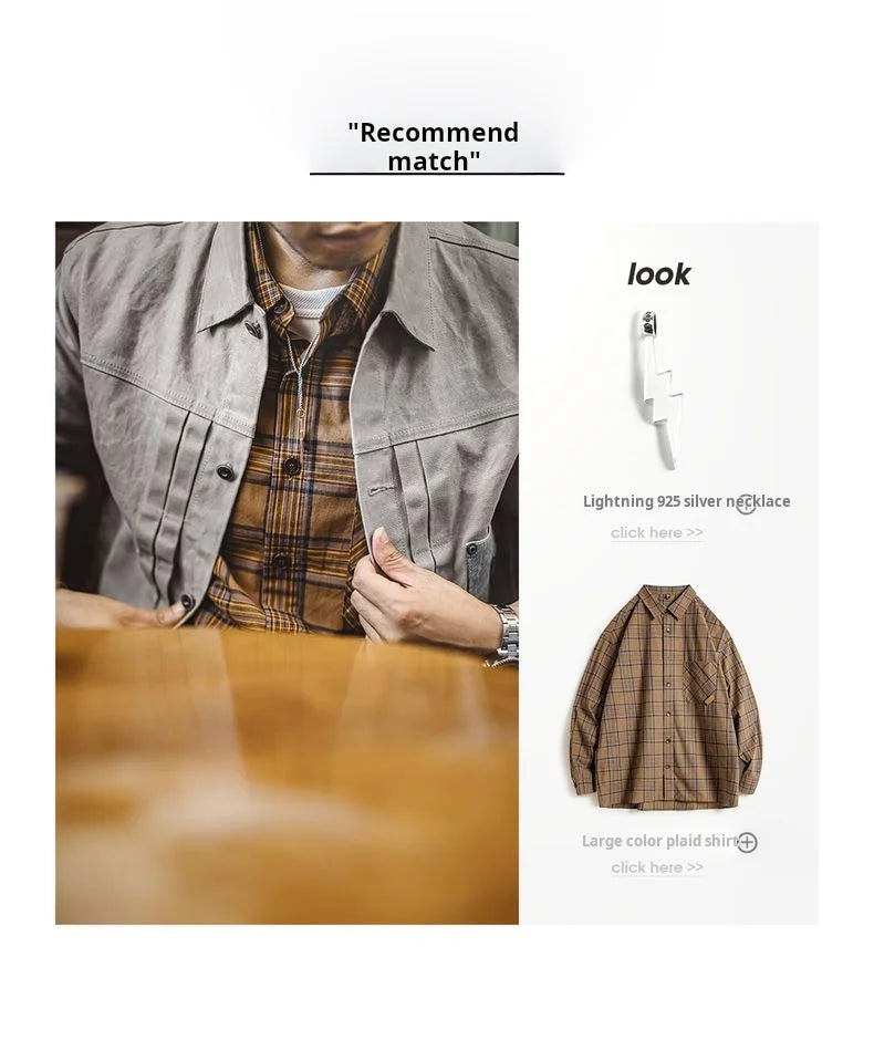 Maden Men's Vintage Oil Waxed Jacket V Waterproof Hunting Coat Double Pleats Grey Canvas Outwear with Patch Pockets for Autumn