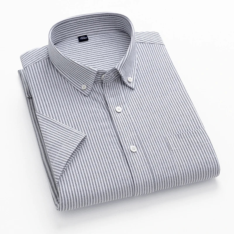 New Men's Striped Fashion Short Sleeve 100% Cotton Oxford Plaid Business Button Down Regular Fit Office Shirt Man Clothing