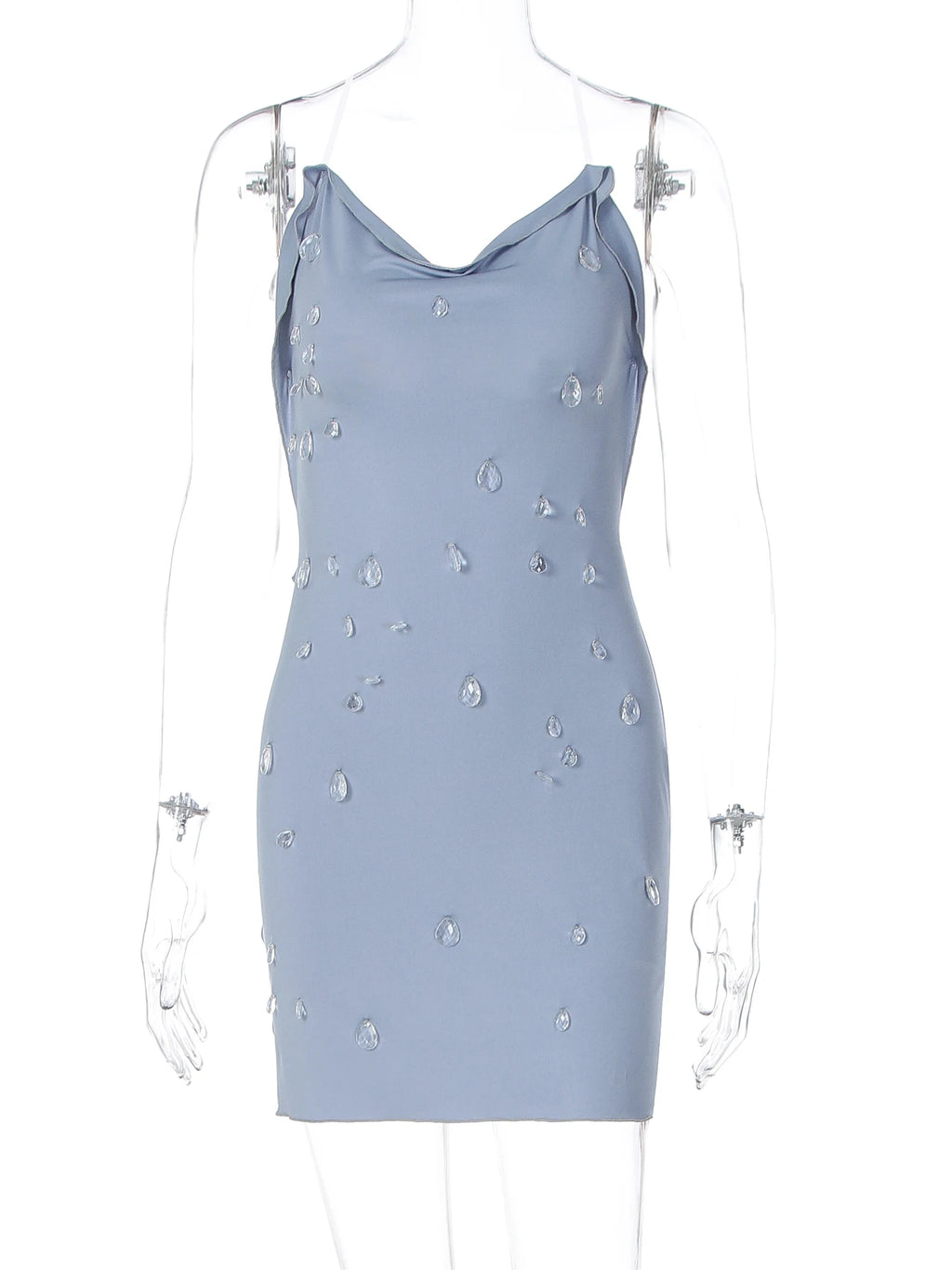 Dulzura Summer Fashion Sexy Backless Water Droplets Diamond Decorate Slim Suspender Mini Dress Evening Party Club Street Clothes