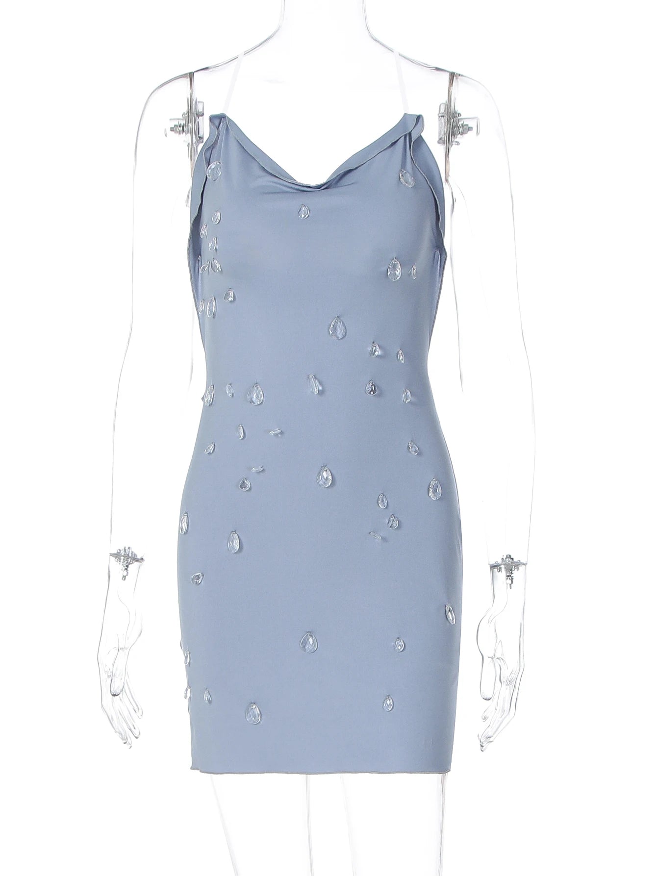Dulzura Summer Fashion Sexy Backless Water Droplets Diamond Decorate Slim Suspender Mini Dress Evening Party Club Street Clothes