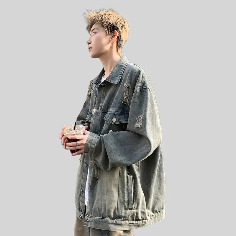 Washed Ripped Denim Jacket Men's 2026 Spring and Autumn Jacket Casual Trend