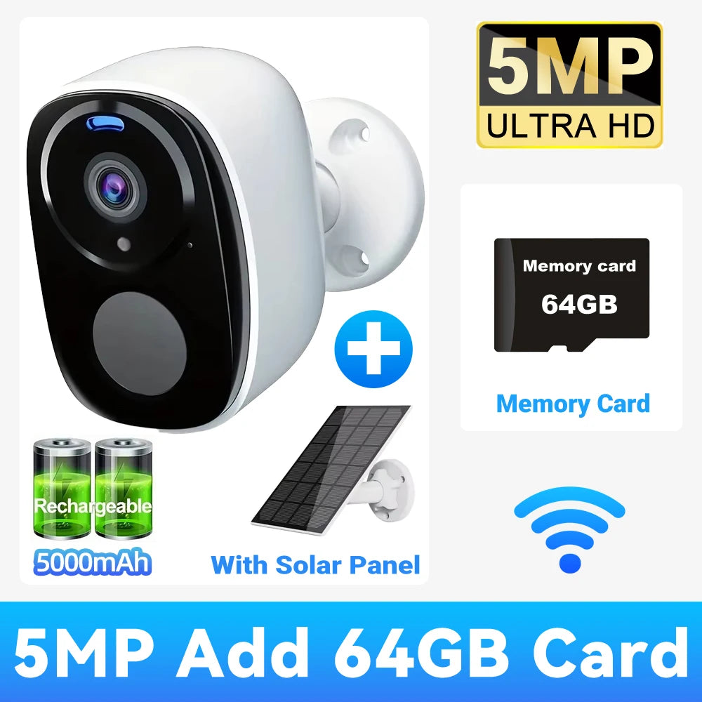 2K 5MP Solar Security Camera Wireless Outdoor Color Night Vision Battery Powered Support 2.4G WiFi, PIR, Waterproof, 2-Way Alexa