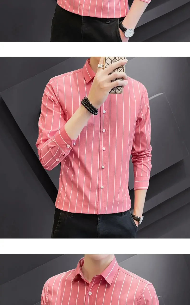 Stylish Men's Striped Shirt Printed Casual Business Dress Shirts Long Sleeve All-Match Slim Fit Fashion Korean Streetwear Shirts