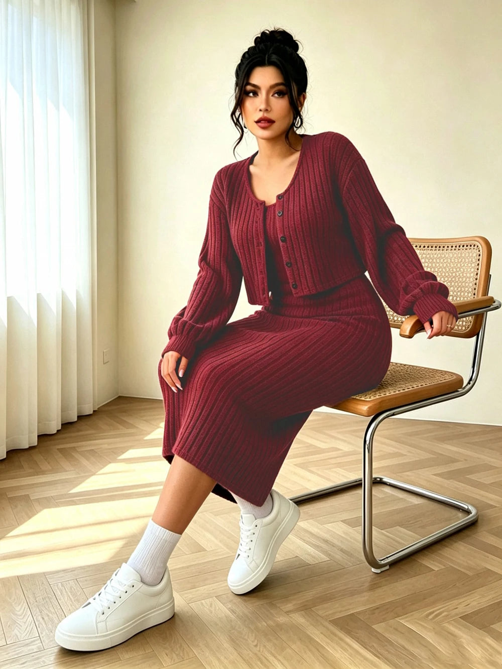 Plus-size women's new ribbed knit drop-shoulder front-button jacket and fitted midi skirt, burgundy two-piece set