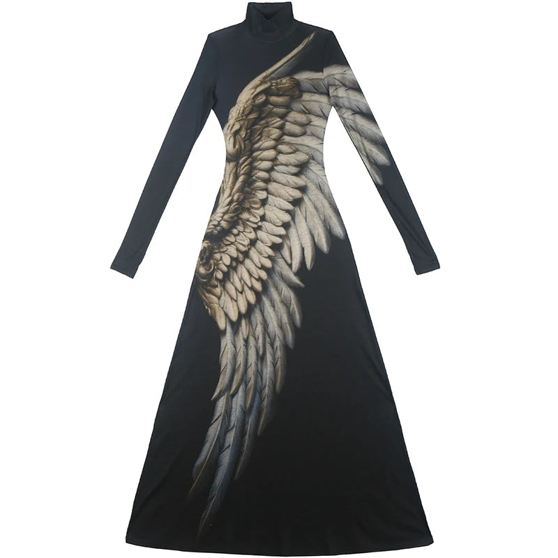 CHEERART Vintage Wing Feather Long Sleeve Dresses Fall 2025 Fashion Woman Turtleneck Mesh A Line Maxi Dress Evening Luxury