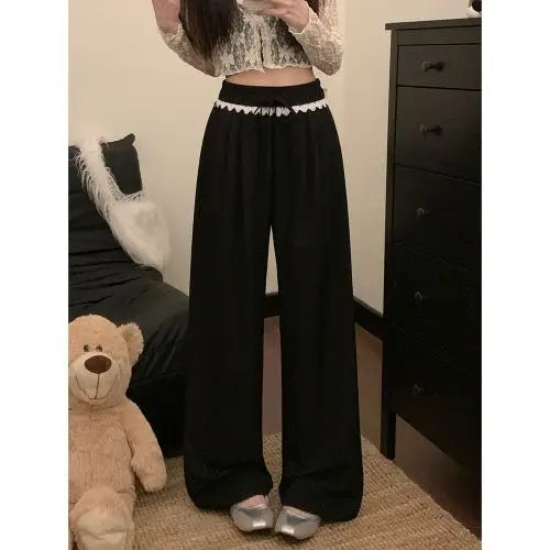 Women Lace Trim Wide Leg Pants Elastic Drawstring Waist Loose Casual Trousers Multiple Colors