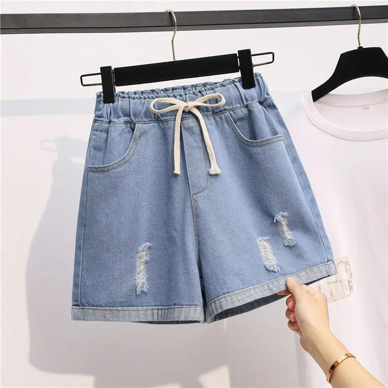 Denim Shorts for Women Korean Style Young College Girls Clothing Summer Elastic Waist Fashion Soft Loose Streetwear Chic Pockets