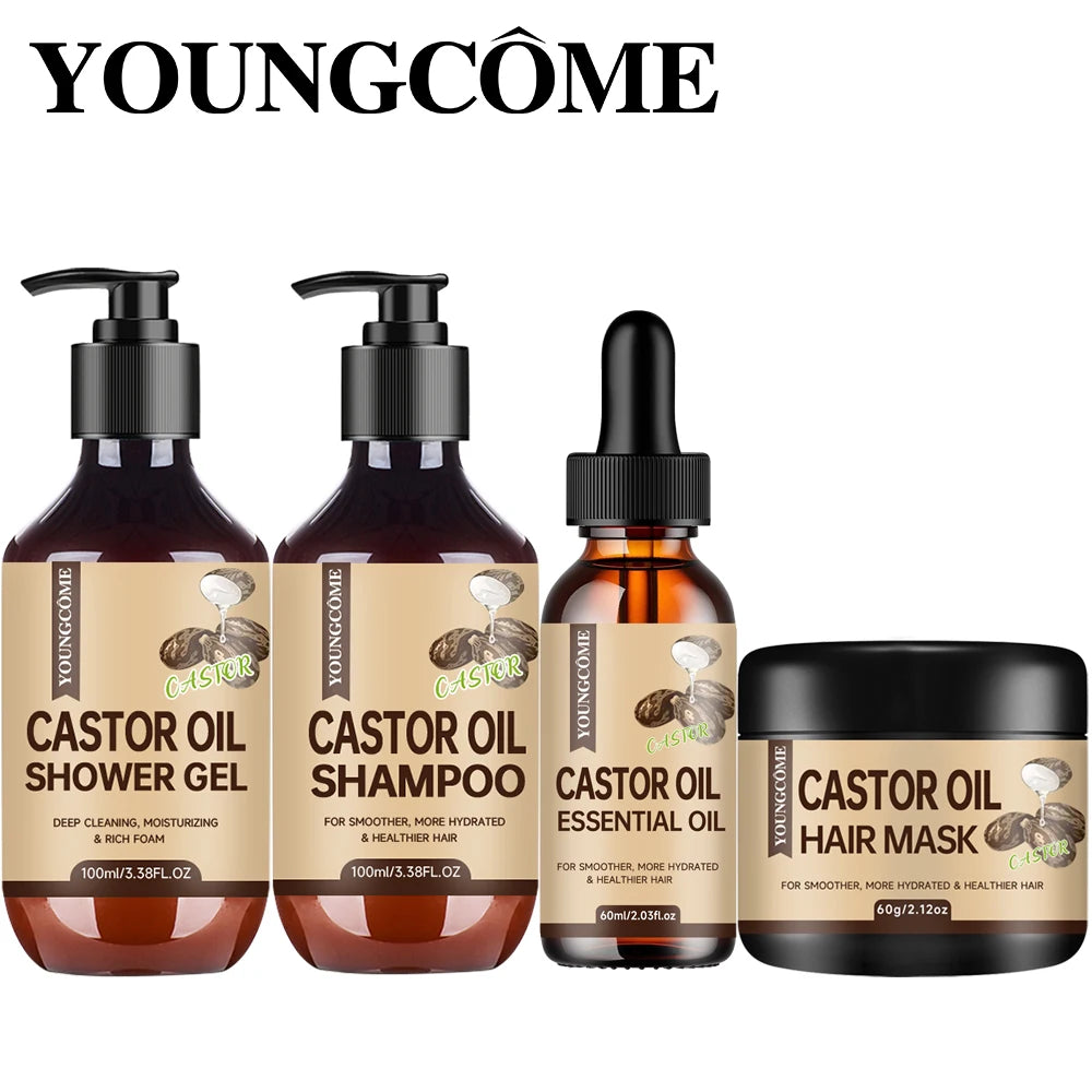 YOUNGCOME Castor Oil Hair Care Set: 3.38oz Shampoo, 3.38oz Shower Gel, 2.03oz Essential Oil, 2.12oz Hair Mask for Hair