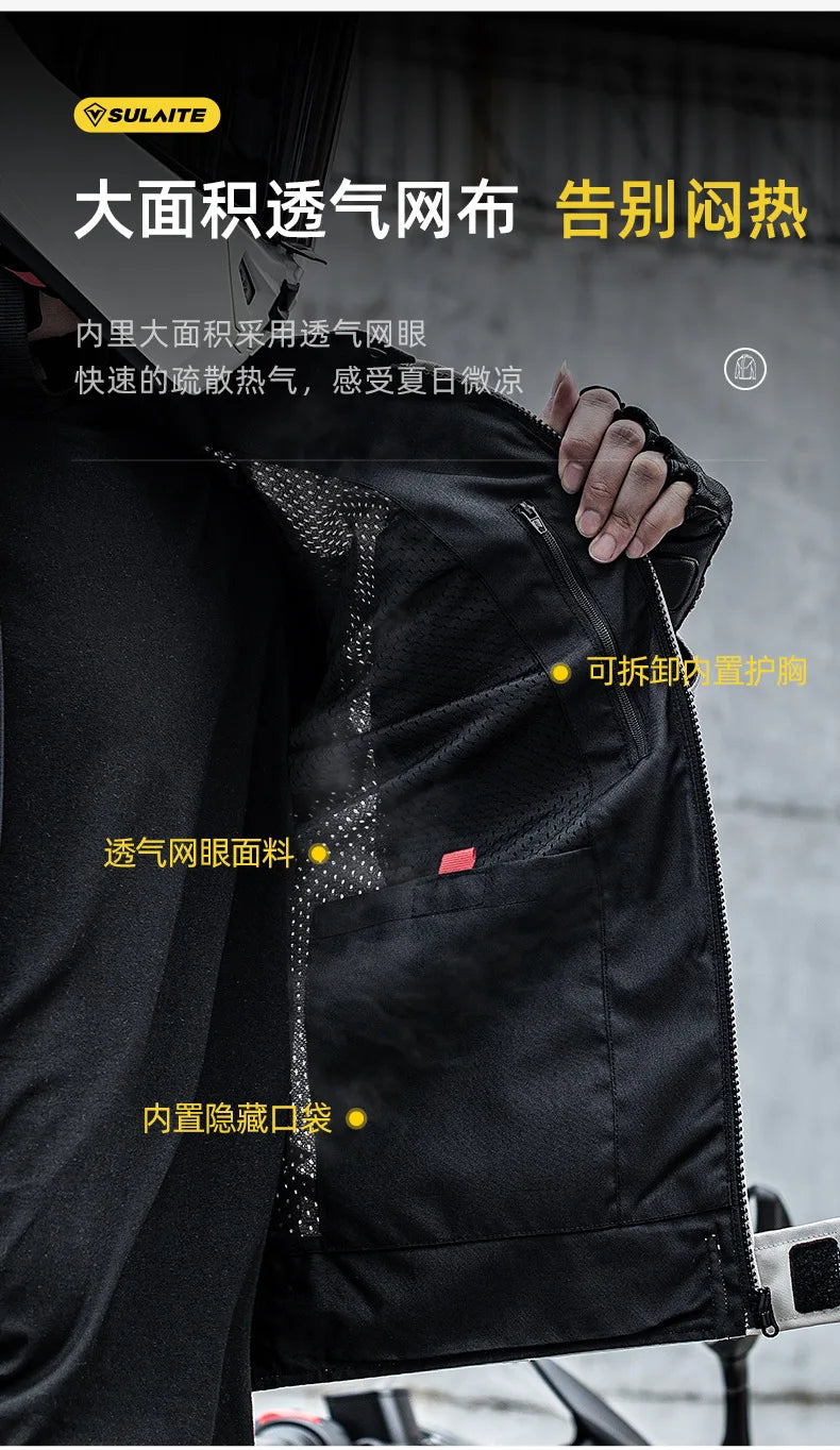 SULAITE Summer Motorcycle Jacket Suit Breathable Riding Gear Protective Racing Coat Motorbike Equipment for Men