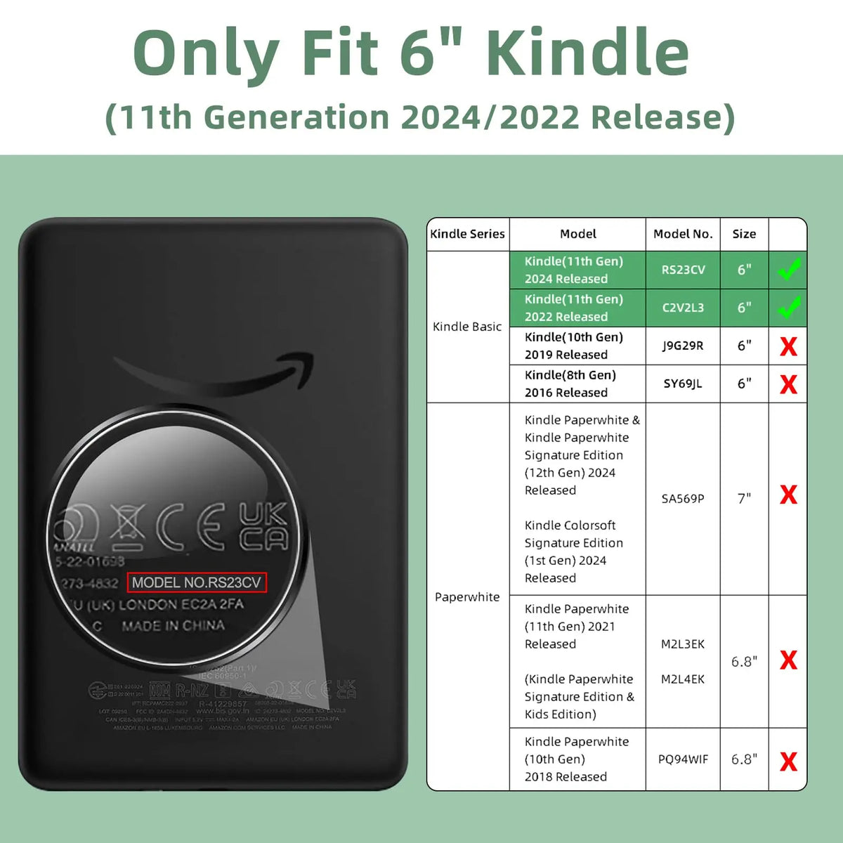 Magnetic Detachable Case for 6" Kindle (11th Gen 2022/2024) - Slim Lightweight PU Protective Cover, Auto Wake/Sleep