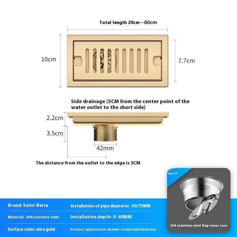 20/30/40/50/60cm Stainless Steel Shower Floor Drain Bathroom Rectangle Linear Floor Drainage Floor Drain with Strainer Covern
