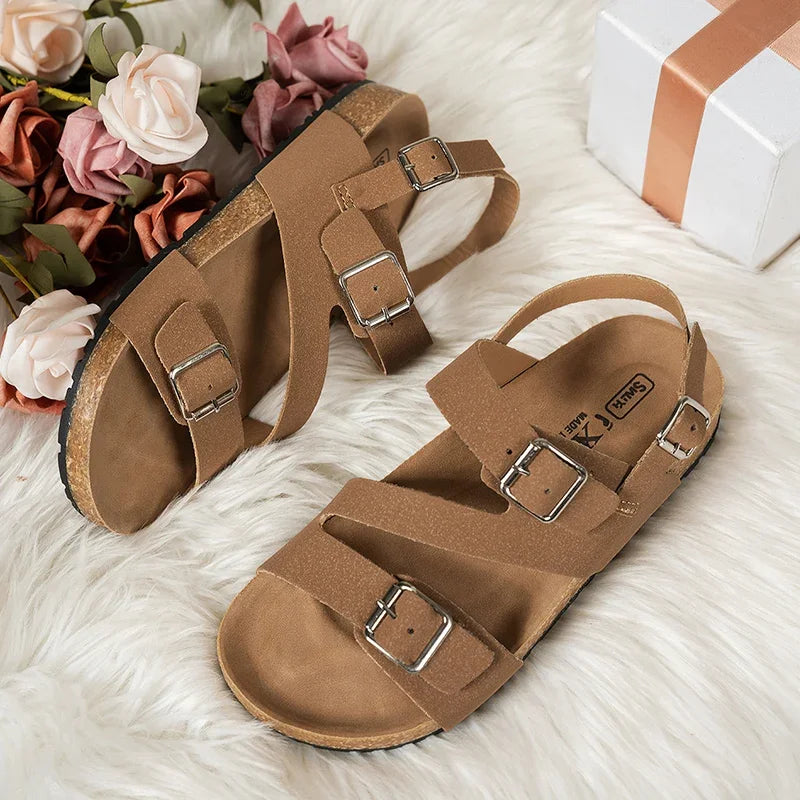 Metal Buckle Mule Sandals Women Summer 2026 Comfortable Flat Heels Cork Sandals Woman Plus Size 42 Non Slip Casual Beach Shoes