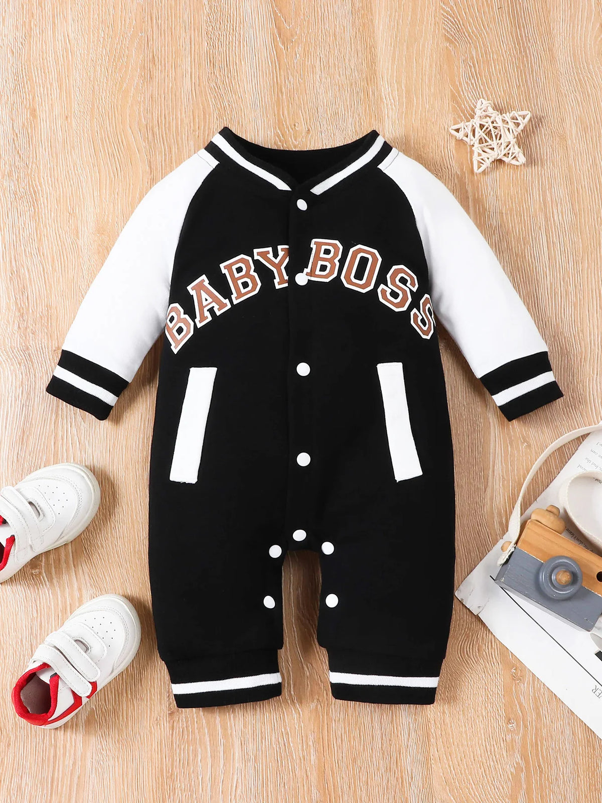 Cute Personalized Baby Boy Jumpsuit Fashionable Letter Print Long Sleeved Round Neck Comfortable Clothing for Infants
