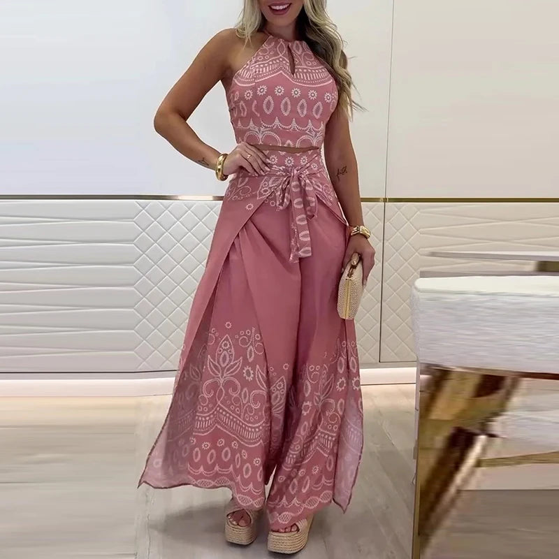 Elegant Halter Sleeveless Blouse & Lace-up Pant Set Casual Lace-up Party 2Pc Outfit Women Fashion Pattern Print Bohemian Outfits
