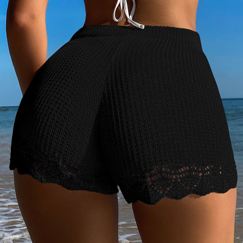 Fashion Style Knitting Hollow Out Beachwear Cover Up Shorts Women's Solid Color Texture Beach Vacation Sunscreen Shorts