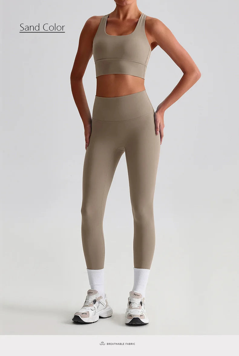 Naked Feel Yoga Set Women Fitness Sportswear 2 Piece Strappy Sports Bra High Waist Gym Leggings Workout Outfit Active Wear