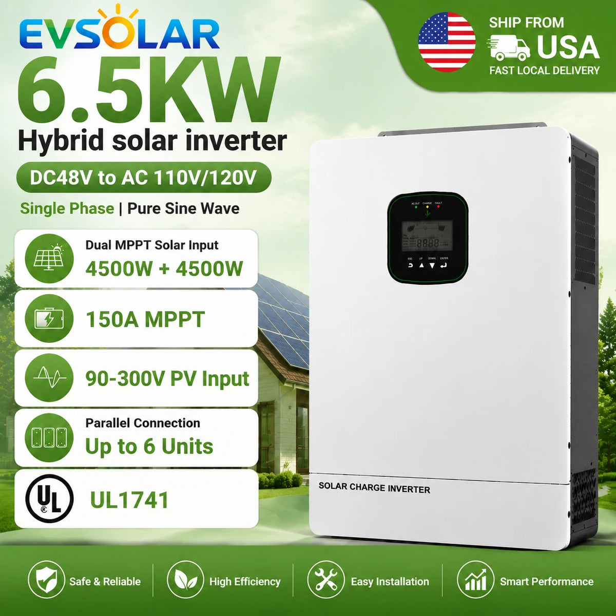 UL1741 Certified 6.5KW Hybrid Solar Inverter With CT Limiter ON/OFF Grid 48V DC to 110V/120V Dual MPPT Solar Input 300V