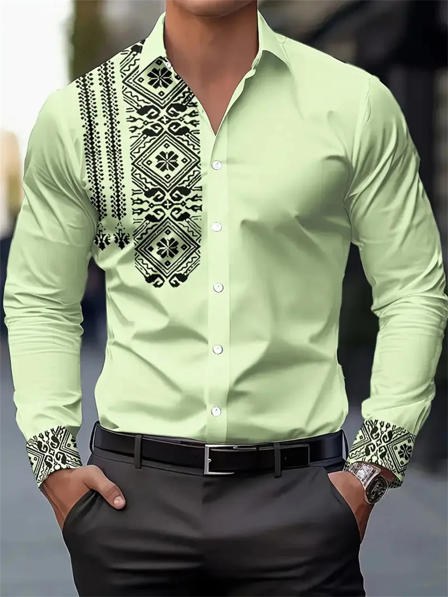 Men's shirt 3D printing retro ethnic style long-sleeved casual shirt high quality fashion lapel versatile top xs-6XL size