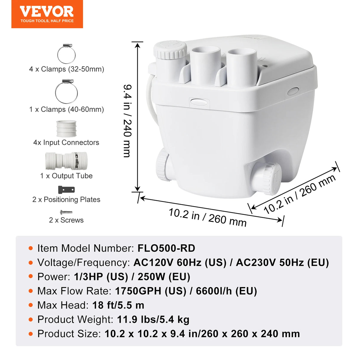 VEVOR Utility Sink Pump 1/3 HP 120V 1750 GPH Flow 18 ft Head Under-Sink Sump Pump System Heavy-Duty Utility/Laundry Sink Pump