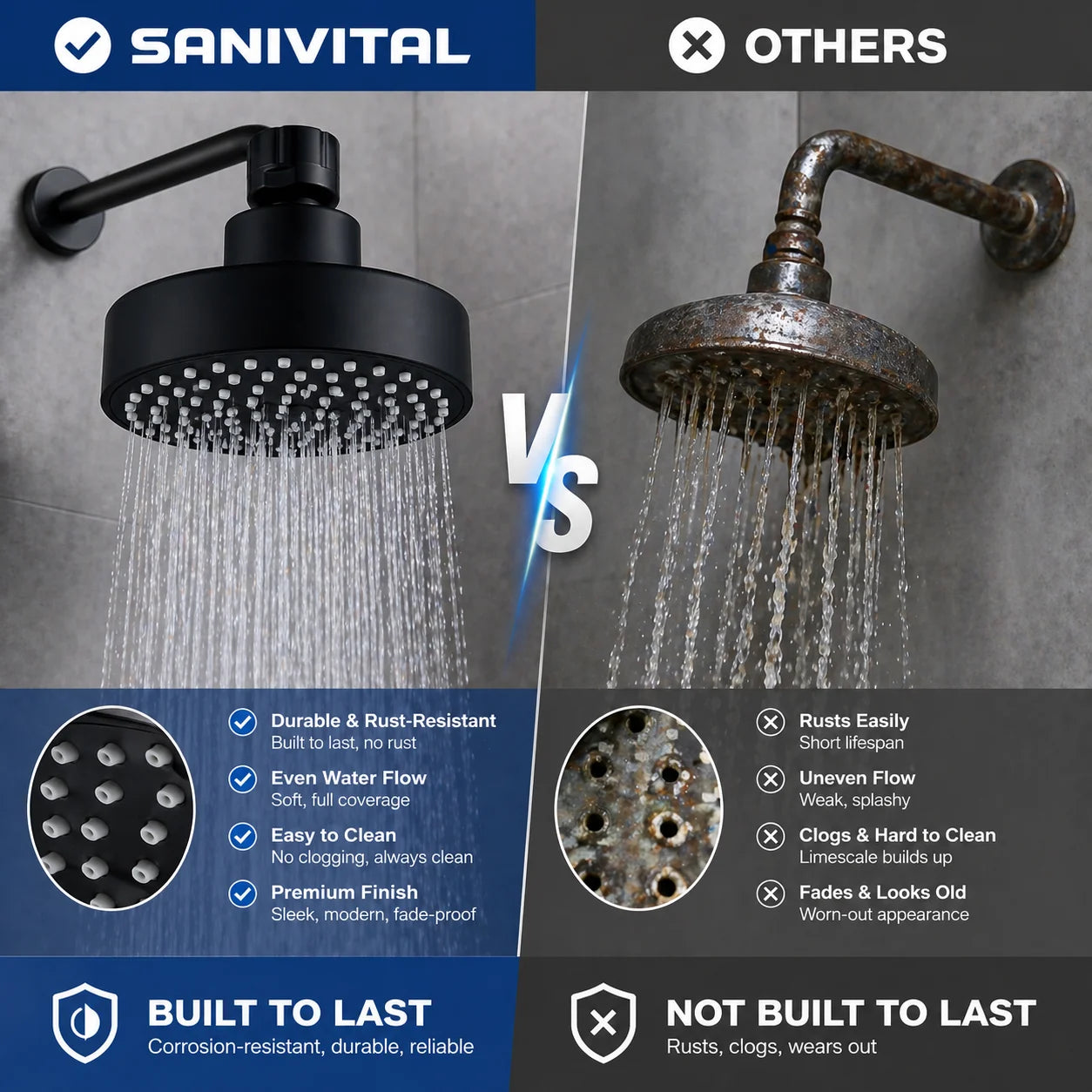 SANIVITAL High Pressure Rain Shower Head 4 Inch Matte Black Bathroom Showerhead G1/2 Universal Shower Head