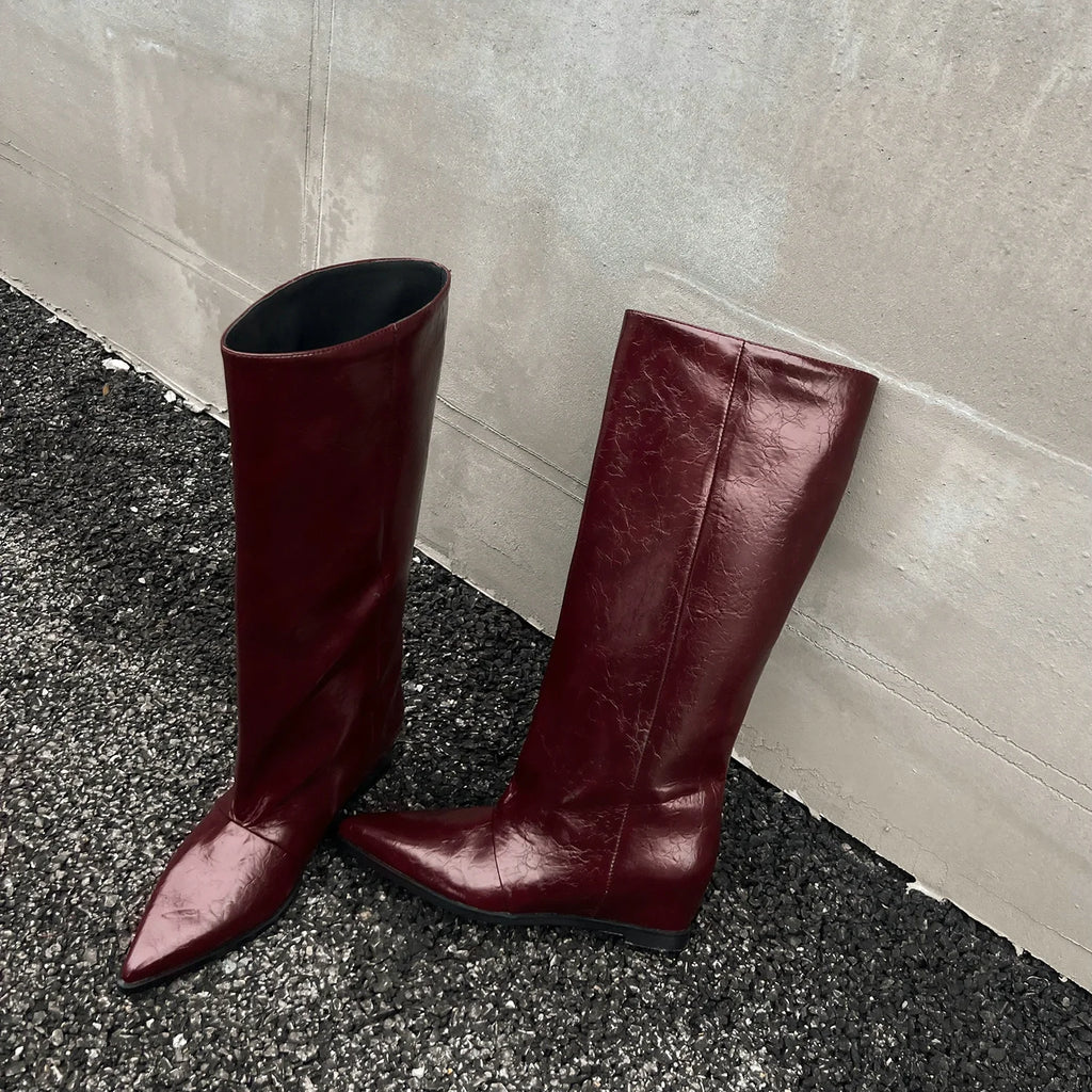 QUTAA 2025 News Women Knee High Boots Leather Wedge Heels Autumn Shoes Pointed Toe Woman Winter Party Lady Long Boots Size 34-40