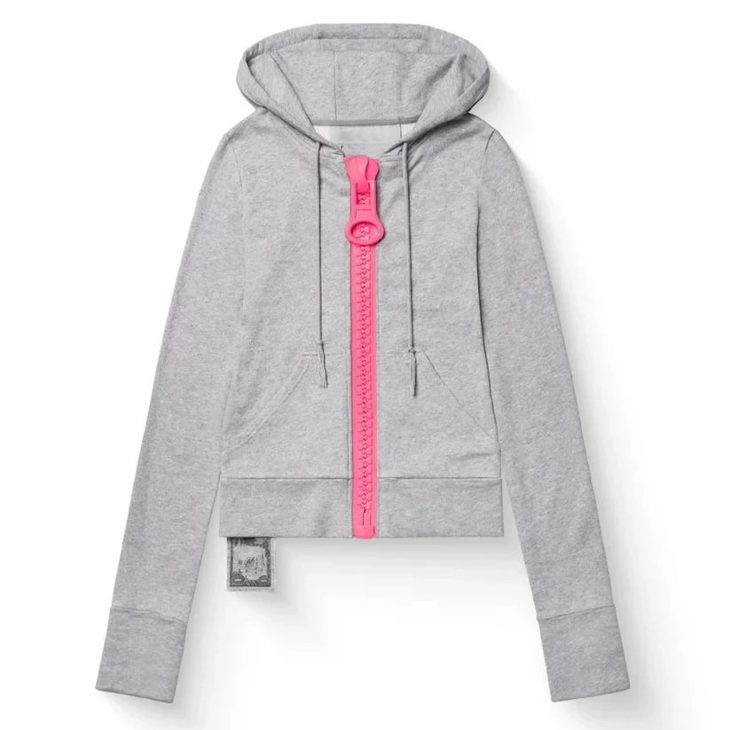 Y2K New Fashion Light Gray Hoodie Women Harajuku Casual Short Sweatshirt Large Zipper Decoration Hoodie Goth Sexy Slim Fit Tops