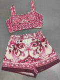 2026 summer women's retro geometric print sexy strapless camisole short top two-piece set+straight tube short fashion set