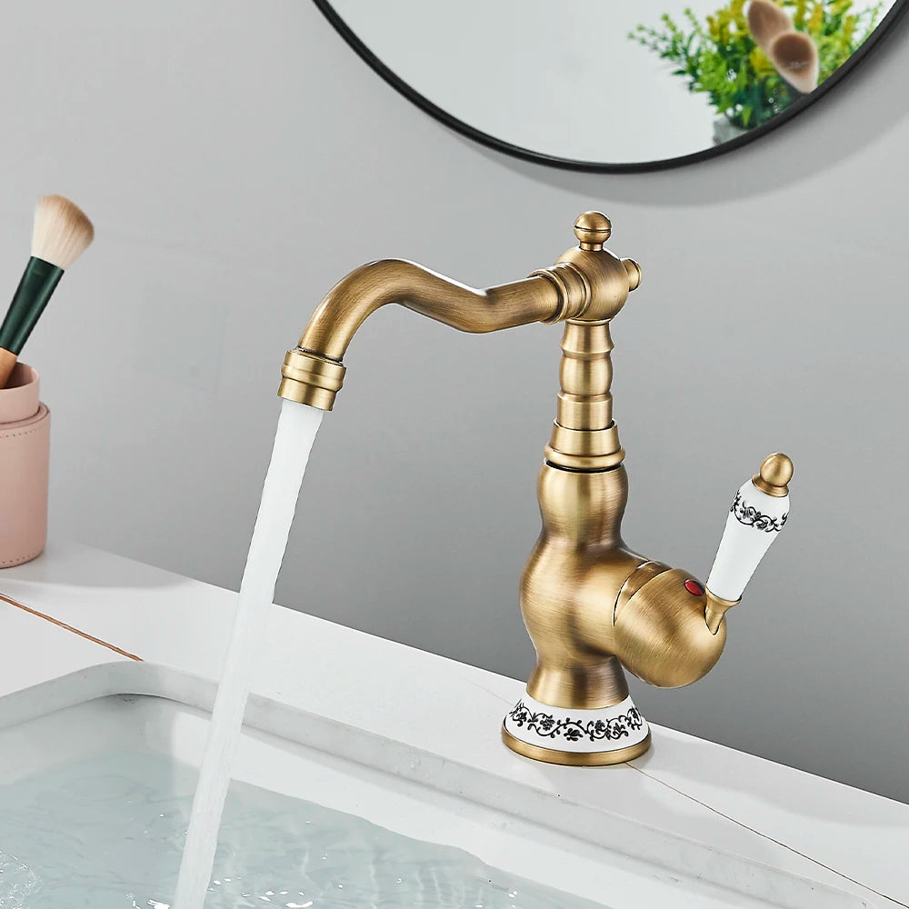 Antique Brass Bathroom Faucet Hot & Cold Mixer Tap Single Hole Single Lever Rotatable Ceramic Handle for Kitchen