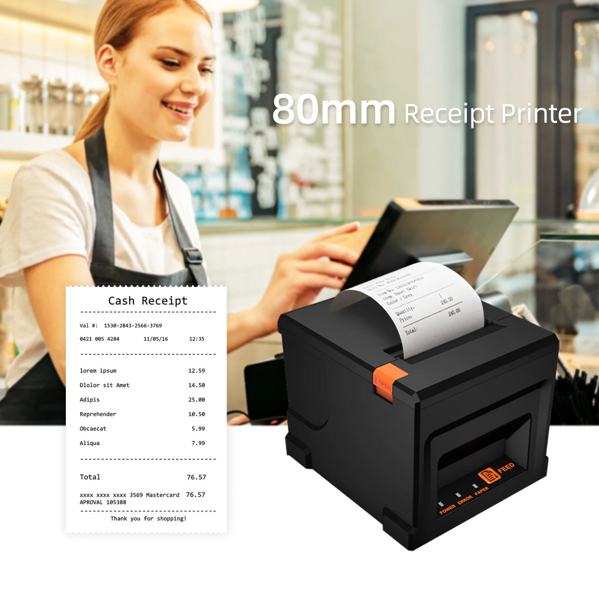 80mm Receipt Printer POS Printer with Auto Cutter Desktop Direct Thermal Printing Support ESC/POS for Restaurant Supermarket