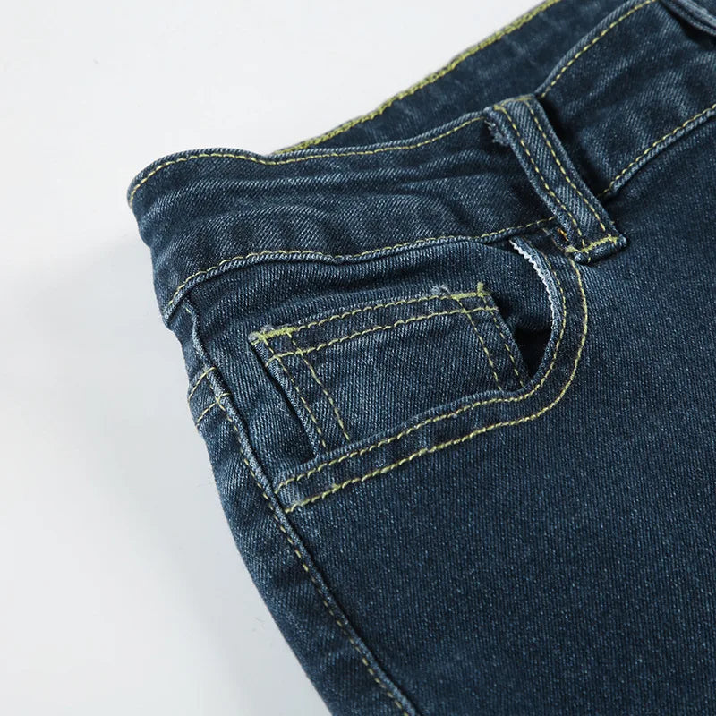 2026 Denim Trousers Y2K Flare Pants Jeans Women Embroidery Boot Cut Low Waist Washed Distressed Pockets Floor Length Streetwear