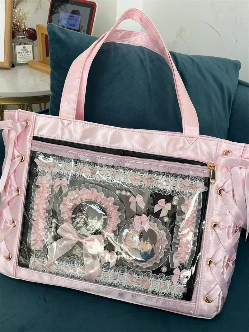 Japanese Sweet Women Ribbon Ita Bag Fashion Large Capacity Tote Bag Aesthetic Shoulder Bag Cute Lolita Girl Transparent Handbags