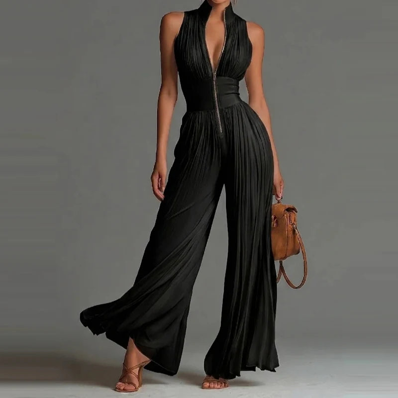 Elegant Stand Collar Zipper Long Jumpsuits Women's Casual Sleeveless Draped Party Rompers Fashion Printed Waist Summer Playsuits