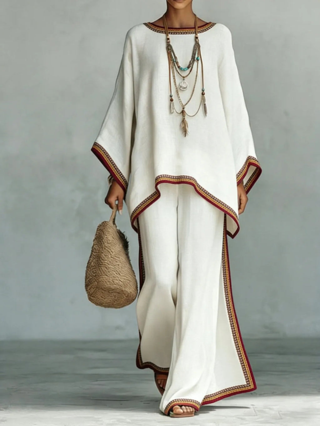 Bohemian Foreign Style Printed Women's Two-piece Set Spring Fashion O-neck Loose Top+wide Leg Pants Suit Ladies Office Outfit