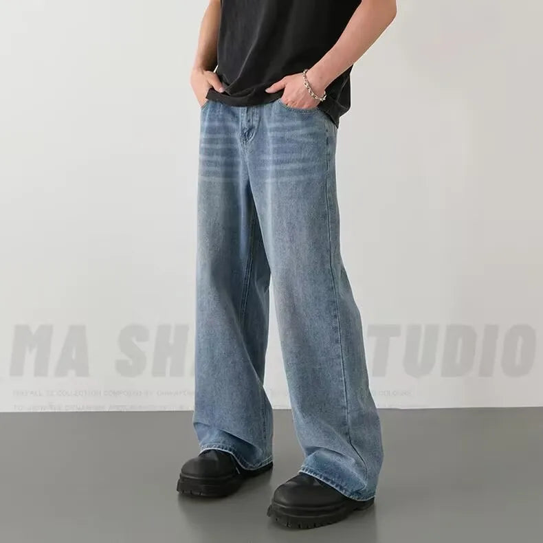 Spring Autumn Men's New Denim Pants Old Blue Washed Casual Jeans Menwear Loose New Fashion Contrasting Color Wide Leg Trousers