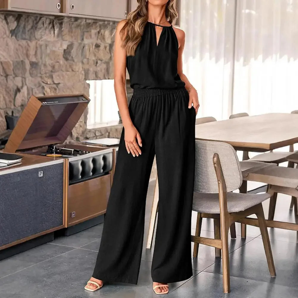 Summer Fashion Retro 2 Piece Set for Women Casual Solid Color Sleeveless Off Shoulder V Neck Top Straight Wide Leg Pants Suits