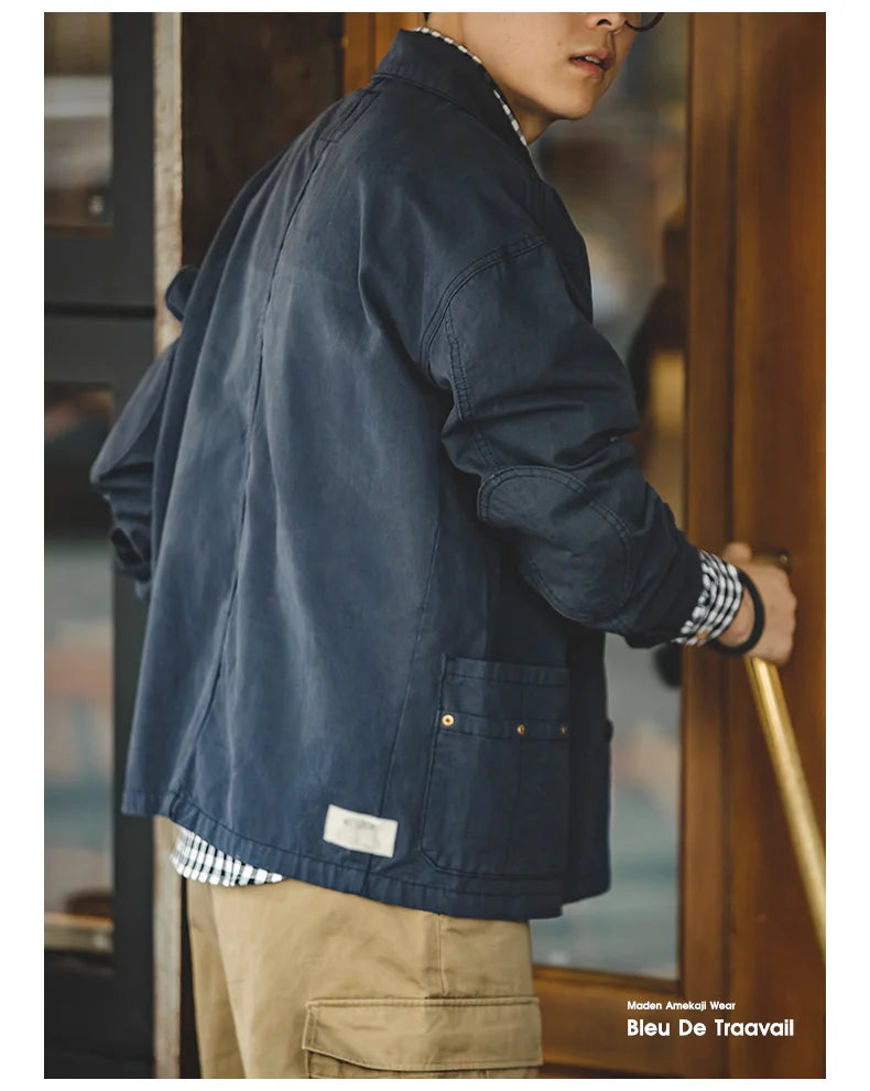 Maden Autumn Navy Blue Hunting Jacket for Men Turn-down Collar Asymmetrical Multipocket Cotton Casual Outerwear Coat Loose-fit