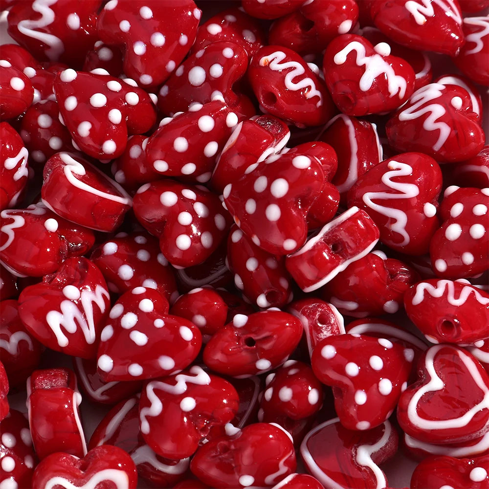 5Pcs Red Heart Lampwork Glass Beads Charm Dot Love Peach Loose Bead for DIY Craft Jewelry Making Necklace Bracelet Accessories