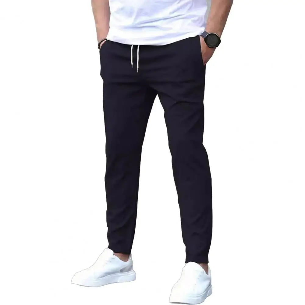 Slim Fit Pants Stylish Men's Slim Fit Drawstring Pants with Side Pockets for Commuting Travel Gym Elastic Waist Casual Trousers