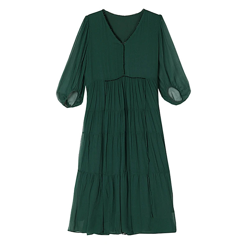 Women's Vintage Solid Elegant Evening Prom Dress Spring Holiday Boho Hepburn Vestidos 2025 Summer Luxury Silk Casual Midi Dress