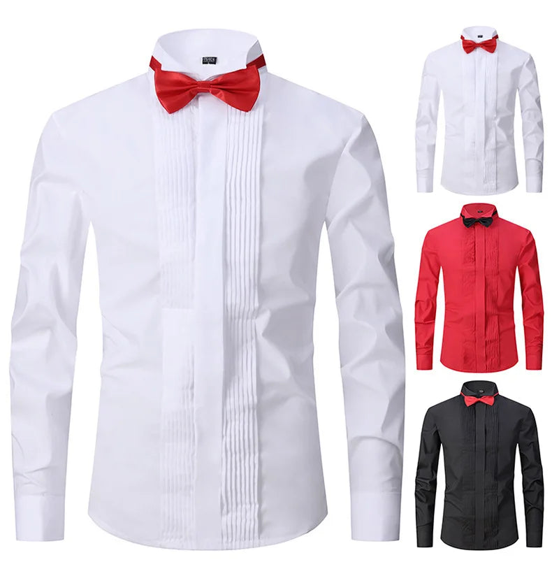 AIMENWANT 2024 Tuxedo Shirts Mens Korea Slim Fit Bow Tie Wedding Shirt White Business French-cuffed Shirt Dress Shirts