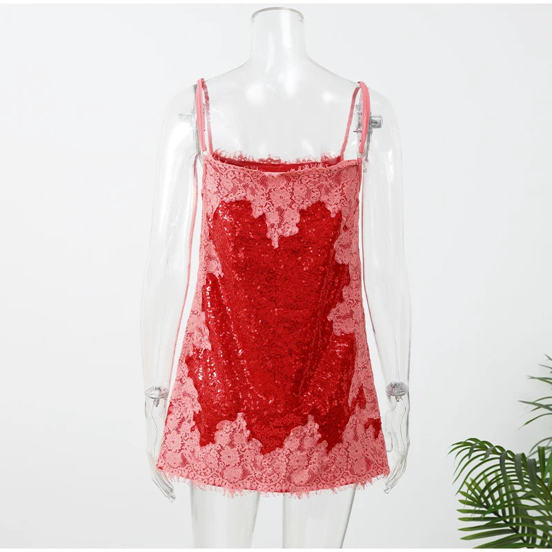 Sexy Sequin Lace Trim Patchwork Short Dress Women V Neck Sleeveless High Waist Mini Sling Dresses 2026 Summer Vacation Lady Robe