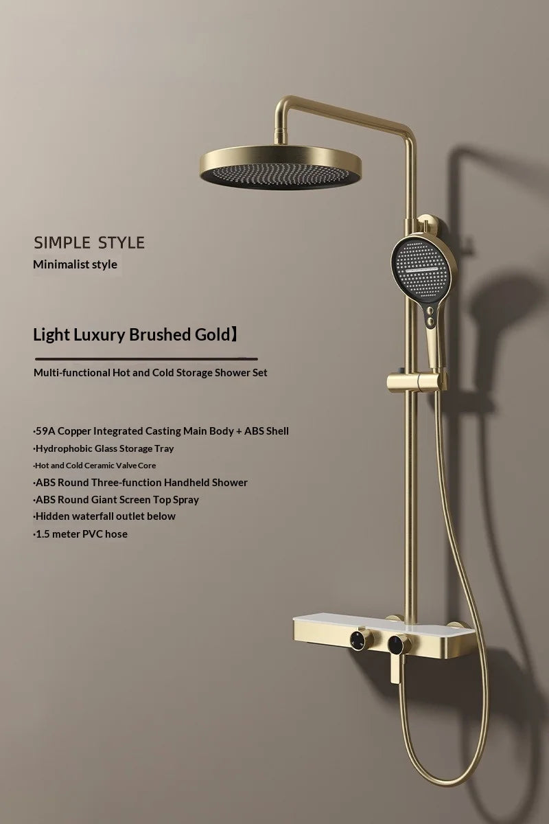 Premium All Copper Shower Set with Heated Waterway Shelf Dual Valves Hot Cold Multi Function High Pressure Shower Head Shower