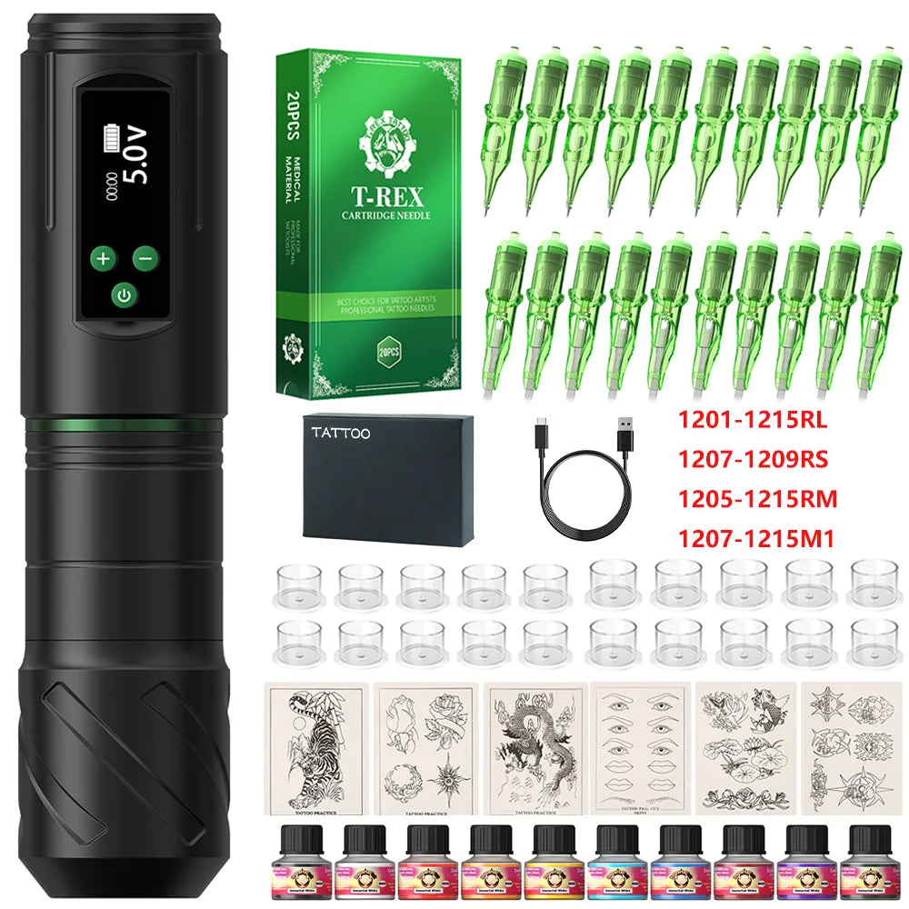 Kiss of Dragon Tattoo Kit Wireless Tattoo Machine Pen Kit 3.5mm Stroke Custom Motor 1600mAh LCD Screen Battery Complete Kit
