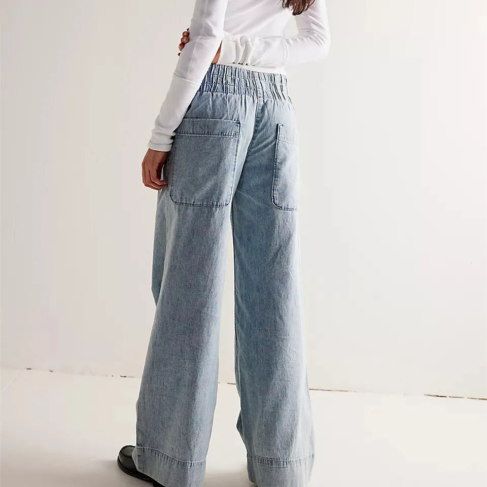 Womens Denim Pull-On Jeans Pockets High Waisted Baggy Straight Leg Stretchy Full Length Trousers Y2K Streetwear