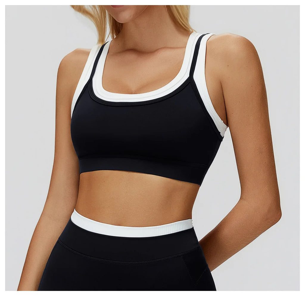 Custom LOGO Women's Naked Fake Two-piece Sports Vest Threaded Contrast Yoga Bra Running Fitness Clothing Top