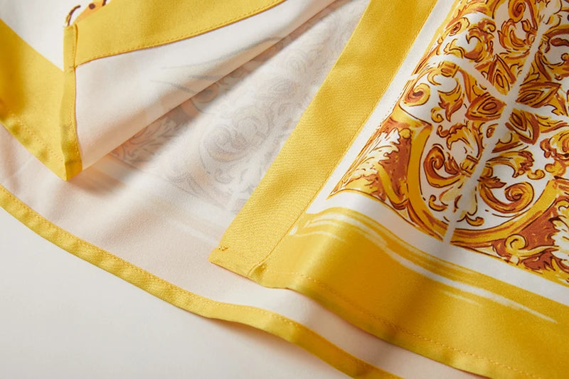 Summer Holiday Yellow Paisley Print Shirt Dresses Women's Turn Down Neck Short Sleeve Belt High Waist Beach Party Vestidos