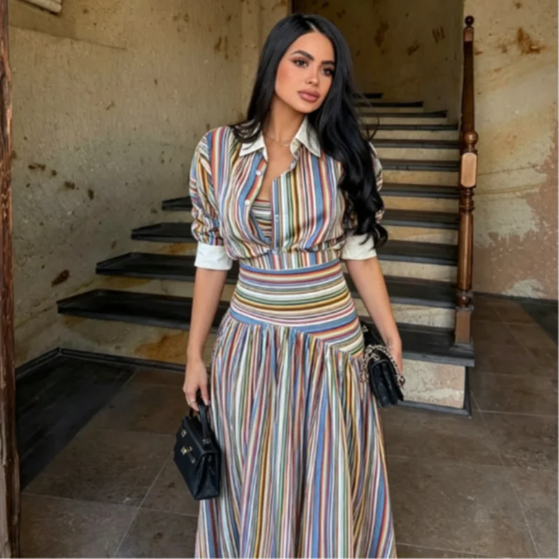 Multicolor Striped Shirt 2 Picec Set Button Front Blouse High Waist Flared Hem Maxi Skirt 2026 Summer Elegant Lady Vacation Suit
